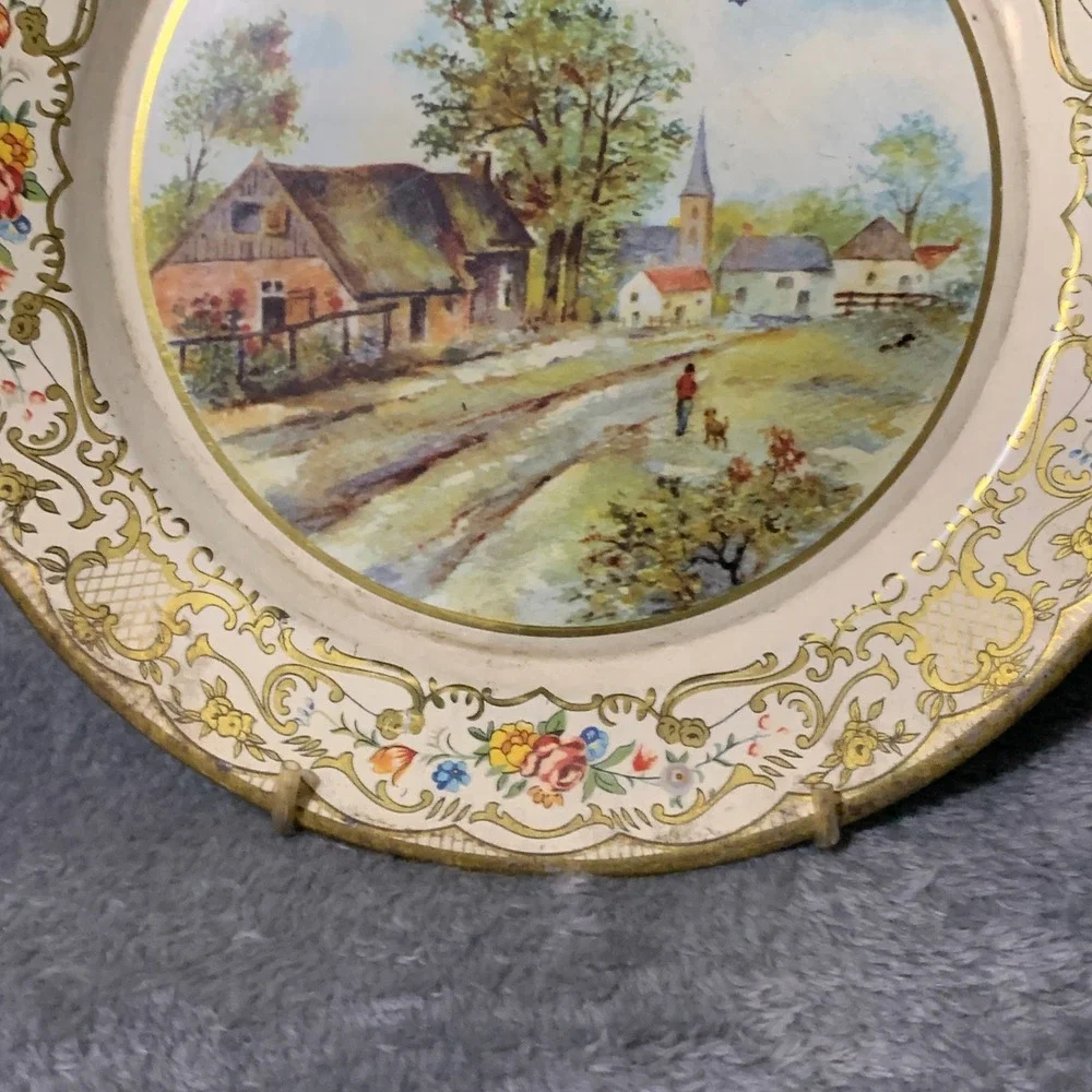 Vtg Daher Decorated Ware Tin Plate Holland Pastoral Village Scene 8 Inch Cottage